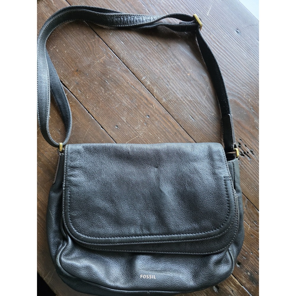 Fossil Peyton Black Pebbled Leather Double Flap Crossbody Bag Shoulder Purse